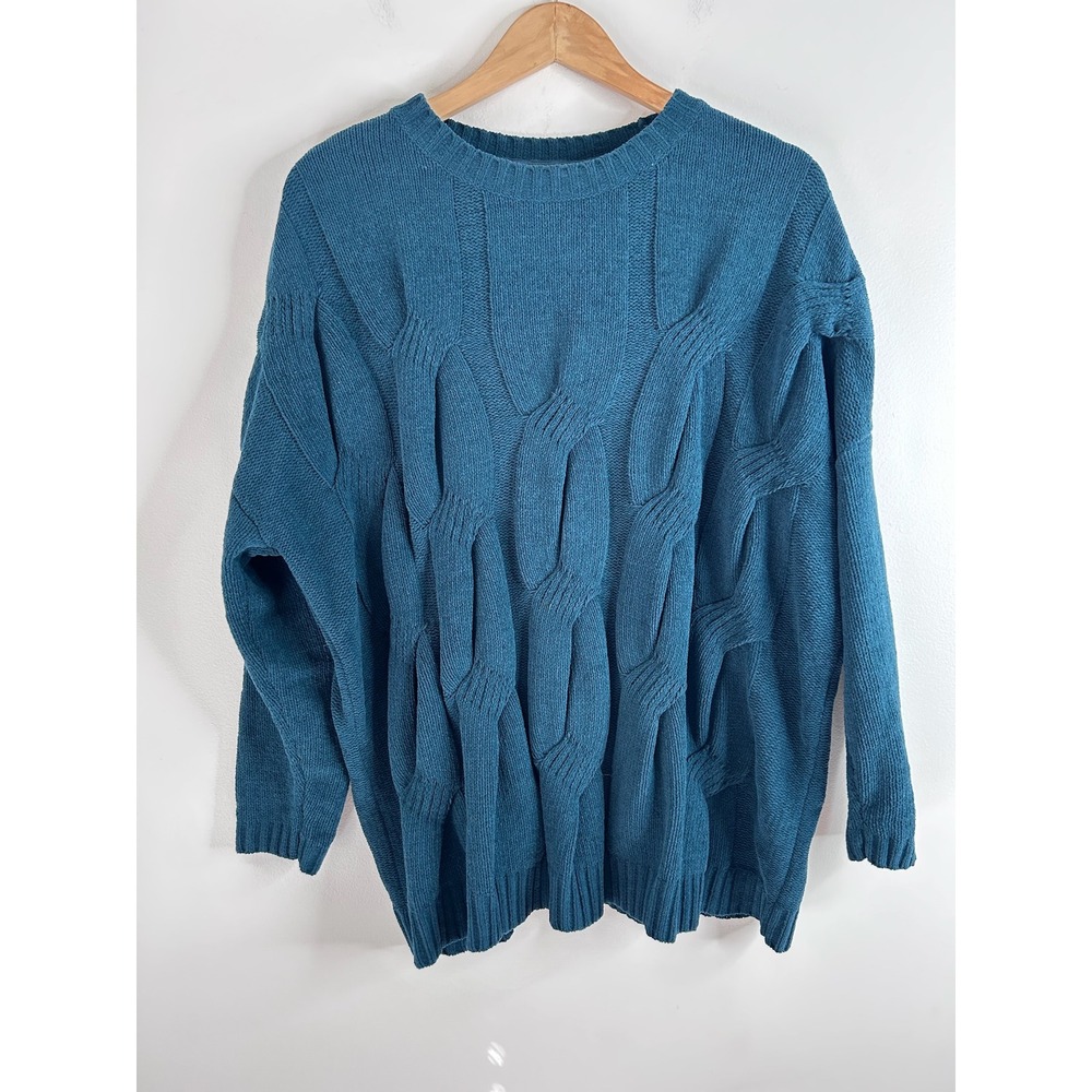 J Jill Chenille Cable Knit Sweater Womens L Teal Blue Oversized Chunky Fisherman
